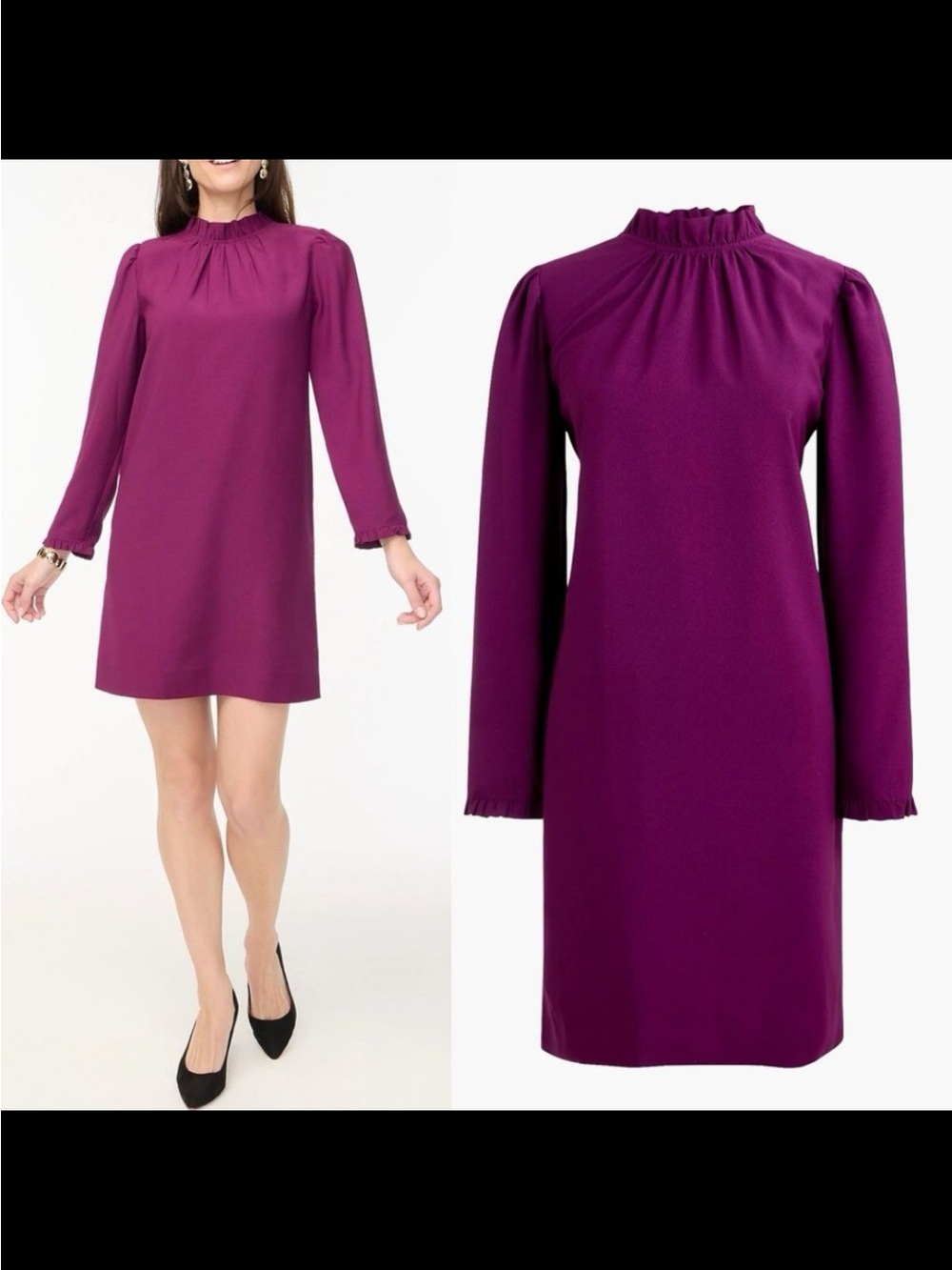 NWT J. Crew Plum Ruffled-Neck Long-Sleeve Shift Dress